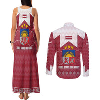 Latvia Couples Matching Tank Maxi Dress and Long Sleeve Button Shirt with National Coat of Arms and Knit Pattern – Three Stars One Heart Design