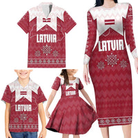 Latvia Family Matching Long Sleeve Bodycon Dress and Hawaiian Shirt with National Coat of Arms and Knit Pattern – Three Stars One Heart Design