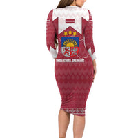 Latvia Family Matching Long Sleeve Bodycon Dress and Hawaiian Shirt with National Coat of Arms and Knit Pattern – Three Stars One Heart Design