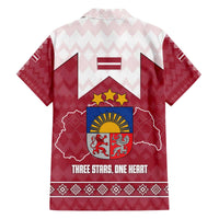 Latvia Family Matching Off The Shoulder Long Sleeve Dress and Hawaiian Shirt with National Coat of Arms and Knit Pattern – Three Stars One Heart Design