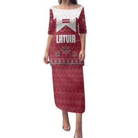 Latvia Family Matching Puletasi and Hawaiian Shirt with National Coat of Arms and Knit Pattern – Three Stars One Heart Design