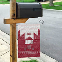 Latvia Garden Flag with National Coat of Arms and Knit Pattern – Three Stars One Heart Design