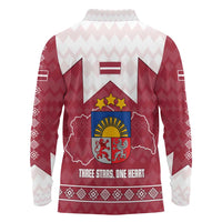 Latvia Long Sleeve Polo Shirt with National Coat of Arms and Knit Pattern – Three Stars One Heart Design