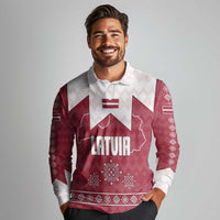 Latvia Long Sleeve Polo Shirt with National Coat of Arms and Knit Pattern – Three Stars One Heart Design