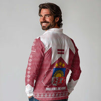 Latvia Long Sleeve Polo Shirt with National Coat of Arms and Knit Pattern – Three Stars One Heart Design