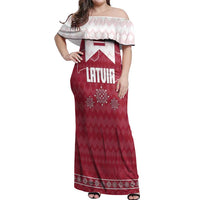 Latvia Off Shoulder Maxi Dress with National Coat of Arms and Knit Pattern – Three Stars One Heart Design
