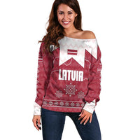 Latvia Off Shoulder Sweater with National Coat of Arms and Knit Pattern – Three Stars One Heart Design