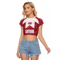 Latvia Raglan Cropped T Shirt with National Coat of Arms and Knit Pattern – Three Stars One Heart Design