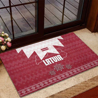 Latvia Rubber Doormat with National Coat of Arms and Knit Pattern – Three Stars One Heart Design
