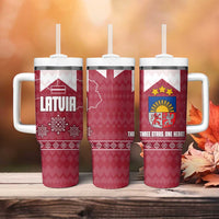 Latvia Tumbler With Handle with National Coat of Arms and Knit Pattern – Three Stars One Heart Design