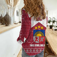 Latvia Women Casual Shirt with National Coat of Arms and Knit Pattern – Three Stars One Heart Design