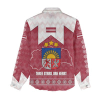 Latvia Women Casual Shirt with National Coat of Arms and Knit Pattern – Three Stars One Heart Design