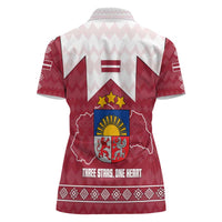 Latvia Women Polo Shirt with National Coat of Arms and Knit Pattern – Three Stars One Heart Design