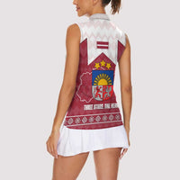Latvia Women Sleeveless Polo Shirt with National Coat of Arms and Knit Pattern – Three Stars One Heart Design