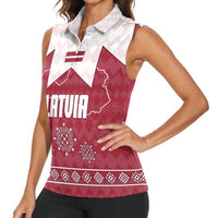 Latvia Women Sleeveless Polo Shirt with National Coat of Arms and Knit Pattern – Three Stars One Heart Design