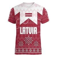 Latvia Women V-Neck T-Shirt with National Coat of Arms and Knit Pattern – Three Stars One Heart Design