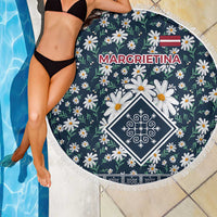 Latvia Beach Blanket with Margrietina Daisy and Ethnic Pattern – Latvia in Bloom Floral Design