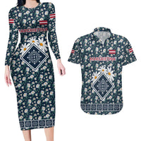 Latvia Couples Matching Long Sleeve Bodycon Dress and Hawaiian Shirt with Margrietina Daisy and Ethnic Pattern – Latvia in Bloom Floral Design