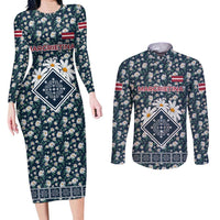 Latvia Couples Matching Long Sleeve Bodycon Dress and Long Sleeve Button Shirt with Margrietina Daisy and Ethnic Pattern – Latvia in Bloom Floral Design
