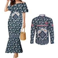 Latvia Couples Matching Mermaid Dress and Long Sleeve Button Shirt with Margrietina Daisy and Ethnic Pattern – Latvia in Bloom Floral Design