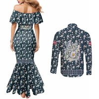 Latvia Couples Matching Mermaid Dress and Long Sleeve Button Shirt with Margrietina Daisy and Ethnic Pattern – Latvia in Bloom Floral Design