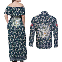 Latvia Couples Matching Off Shoulder Maxi Dress and Long Sleeve Button Shirt with Margrietina Daisy and Ethnic Pattern – Latvia in Bloom Floral Design