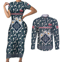 Latvia Couples Matching Short Sleeve Bodycon Dress and Long Sleeve Button Shirt with Margrietina Daisy and Ethnic Pattern – Latvia in Bloom Floral Design