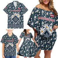 Latvia Family Matching Off Shoulder Short Dress and Hawaiian Shirt with Margrietina Daisy and Ethnic Pattern – Latvia in Bloom Floral Design