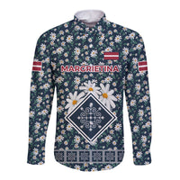 Latvia Long Sleeve Button Shirt with Margrietina Daisy and Ethnic Pattern – Latvia in Bloom Floral Design