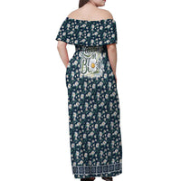 Latvia Off Shoulder Maxi Dress with Margrietina Daisy and Ethnic Pattern – Latvia in Bloom Floral Design