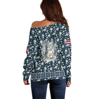 Latvia Off Shoulder Sweater with Margrietina Daisy and Ethnic Pattern – Latvia in Bloom Floral Design