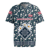 Latvia Rugby Jersey with Margrietina Daisy and Ethnic Pattern – Latvia in Bloom Floral Design