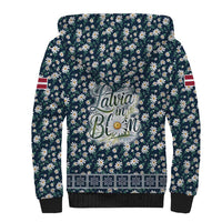 Latvia Sherpa Hoodie with Margrietina Daisy and Ethnic Pattern – Latvia in Bloom Floral Design