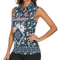 Latvia Women Sleeveless Polo Shirt with Margrietina Daisy and Ethnic Pattern – Latvia in Bloom Floral Design