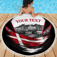 Personalized Denmark Viking Heritage Beach Blanket Nordic Nyhavn Cityscape With Grunge Flag And Longship Art