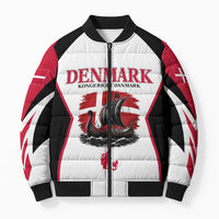 Personalized Denmark Viking Heritage Bomber Puffer Jacket Nordic Nyhavn Cityscape With Grunge Flag And Longship Art