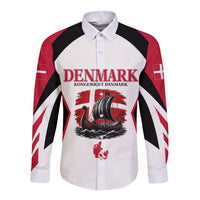 Personalized Denmark Viking Heritage Long Sleeve Button Shirt Nordic Nyhavn Cityscape With Grunge Flag And Longship Art
