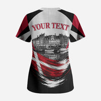 Personalized Denmark Viking Heritage Scrub Top Nordic Nyhavn Cityscape With Grunge Flag And Longship Art