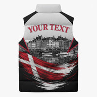 Personalized Denmark Viking Heritage Sleeveless Puffer Jacket Nordic Nyhavn Cityscape With Grunge Flag And Longship Art