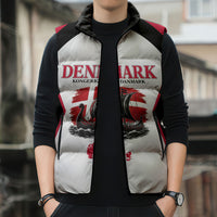 Personalized Denmark Viking Heritage Sleeveless Puffer Jacket Nordic Nyhavn Cityscape With Grunge Flag And Longship Art