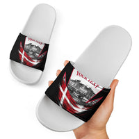 Personalized Denmark Viking Heritage Slide Sandals Nordic Nyhavn Cityscape With Grunge Flag And Longship Art