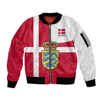 Personalized Denmark Coat Of Arms Sleeve Zip Bomber Jacket Danish Flag Heritage Graphic With Crown Symbolism