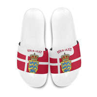 Personalized Denmark Coat Of Arms Slide Sandals Danish Flag Heritage Graphic With Crown Symbolism