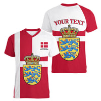 Personalized Denmark Coat Of Arms Women V-Neck T-Shirt Danish Flag Heritage Graphic With Crown Symbolism