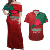 Bangladesh Couples Matching Off Shoulder Maxi Dress and Hawaiian Shirt with National Flag Design and Bengali Script