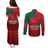 Bangladesh Couples Matching Puletasi and Long Sleeve Button Shirt with National Flag Design and Bengali Script