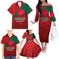 Bangladesh Family Matching Off The Shoulder Long Sleeve Dress and Hawaiian Shirt with National Flag Design and Bengali Script