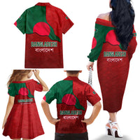 Bangladesh Family Matching Off The Shoulder Long Sleeve Dress and Hawaiian Shirt with National Flag Design and Bengali Script