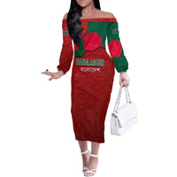 Bangladesh Family Matching Off The Shoulder Long Sleeve Dress and Hawaiian Shirt with National Flag Design and Bengali Script