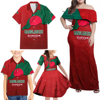 Bangladesh Family Matching Off Shoulder Maxi Dress and Hawaiian Shirt with National Flag Design and Bengali Script
